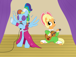 Size: 1600x1200 | Tagged: safe, artist:mightyshockwave, derpibooru import, applejack, rainbow dash, earth pony, pegasus, pony, sparkle's seven, apple chord, clothes, dress, eyeshadow, guitar, hat, makeup, megaradash, microphone, rainbow dash always dresses in style, singing, stage