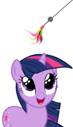 Size: 540x935 | Tagged: safe, derpibooru import, twilight sparkle, bait, behaving like a cat, cat toy, cute, feather wand, reaction image, solo, twilight cat