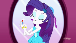 Size: 1280x720 | Tagged: safe, screencap, rarity, eqg summertime shorts, equestria girls, make up shake up, lipstick, mouth hold