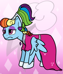 Size: 1700x2000 | Tagged: safe, artist:jellyys, derpibooru import, rainbow dash, pegasus, pony, sparkle's seven, clothes, cutie mark background, dress, female, mare, megaradash, rainbow dash always dresses in style, rainbow dash is not amused, simple background, solo