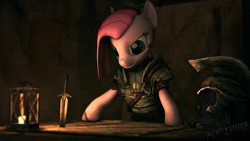 Size: 3200x1800 | Tagged: safe, artist:fancyhoof, pinkie pie, earth pony, pony, 3d, armor, candle, empire, helmet, imperial legion, lantern, pinkamena diane pie, signature, skyrim, solo, source filmmaker, sword, the elder scrolls