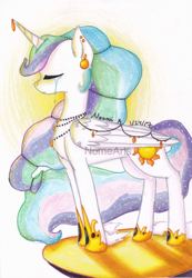 Size: 1024x1478 | Tagged: safe, artist:nomearts, princess celestia, alicorn, pony, crying, ear piercing, jewelry, necklace, piercing, solo, traditional art, watermark