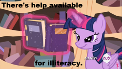 Size: 1440x810 | Tagged: source needed, safe, derpibooru import, screencap, twilight sparkle, twilight sparkle (alicorn), alicorn, all new, book, caption, hub logo, illiteracy, reaction image, redundant, smirk, solo, text