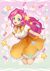 Size: 600x849 | Tagged: safe, artist:momori68, pinkie pie, human, candy, clothes, dress, female, humanized, open mouth, solo