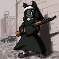 Size: 800x800 | Tagged: safe, artist:moronsonofboron, oc, oc only, diamond dog, female, female diamond dog, gun, kar98k, nun, rifle, solo, weapon