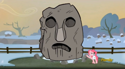 Size: 800x446 | Tagged: safe, edit, edited screencap, screencap, pinkie pie, earth pony, pony, hearthbreakers, discovery family logo, female, fence, gravity falls, holder's boulder, holder's new boulder meme, mare, raised hoof, rock, rock that looks like a face rock, saddle bag, snow, solo, tourist trapped, tree, winter