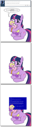 Size: 630x2462 | Tagged: safe, artist:dekomaru, derpibooru import, princess skyla, twilight sparkle, pony, unicorn, blue screen of cute death, blue screen of death, boop, bracelet, cute, eyes closed, female, foal, holding, holding a pony, mare, open mouth, ring, simple background, sitting, smiling, tumblr, tumblr:ask twixie, underhoof, white background