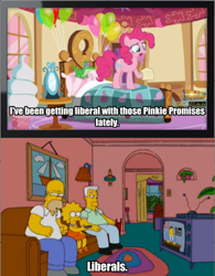 Size: 640x819 | Tagged: safe, gummy, pinkie pie, earth pony, pony, the one where pinkie pie knows, back to the future, balloon, bedroom, homer simpson, image macro, kent brockman, liberals, lisa simpson, meme, pinkie promise, pun, television, the simpsons