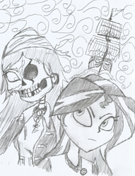 Size: 1953x2561 | Tagged: safe, sunset shimmer, oc, human, undead, equestria girls, cursed, fanfic art, fanfic fuel, geode of empathy, ghost ship, magical geodes, pirate, skeletal, traditional art, villainess