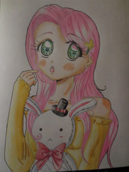 Size: 3456x4608 | Tagged: safe, artist:nozomifujimiya, fluttershy, human, clothes, humanized, off shoulder, solo, sweater, sweatershy, traditional art