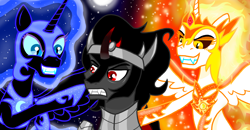 Size: 2300x1200 | Tagged: safe, artist:katya, derpibooru import, daybreaker, king sombra, nightmare moon, pony, unicorn, confused, evil grin, fire, grin, moon, smiling