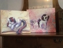 Size: 960x720 | Tagged: safe, artist:pikku-pichu, derpibooru import, rarity, sweetie belle, twilight sparkle, pony, unicorn, book, eyes closed, flower, looking back, open mouth, prone, rose, sleeping, smiling, traditional art