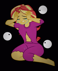 Size: 1700x2100 | Tagged: safe, artist:mashoart, sunset shimmer, human, equestria girls, barefoot, black background, clothes, crying, eyes closed, feet, pajamas, simple background, solo, torn clothes