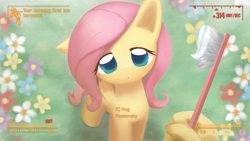 Size: 1920x1080 | Tagged: safe, artist:howxu, fluttershy, pegasus, pony, :<, :o, cute, fallout, female, floppy ears, hand, harmony, hnnng, howxu is trying to murder us, hud, incoming hug, lidded eyes, looking at you, looking up, offscreen character, open mouth, pipboy, pov, radiation, shyabetes, solo, toothbrush, toothpaste, wallpaper, weapons-grade cute