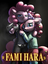 Size: 1024x1365 | Tagged: safe, artist:murskme, pinkie pie, earth pony, pony, duality, famihara, gun, m1911, weapon