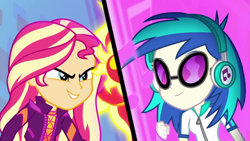 Size: 1280x720 | Tagged: safe, screencap, dj pon-3, sunset shimmer, vinyl scratch, better together, choose your own ending, equestria girls, the last drop, the last drop: sunset shimmer