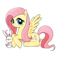 Size: 1000x1000 | Tagged: safe, artist:9seconds, angel bunny, fluttershy, pegasus, pony, eyes closed, female, looking at you, mare, prone, simple background, white background