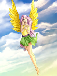 Size: 1500x2000 | Tagged: safe, artist:juliagoldfox, fluttershy, human, barefoot, belt, clothes, cloud, cloudy, feet, flying, humanized, looking at you, skirt, sky, solo, spread wings, tanktop, winged humanization