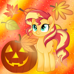 Size: 1000x1000 | Tagged: safe, artist:limedazzle, sunset shimmer, pony, unicorn, autumn, leaves, pumpkin, solo