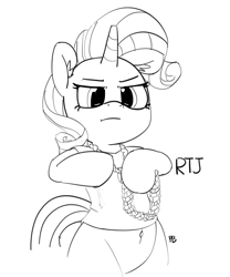 Size: 5042x6074 | Tagged: safe, artist:pabbley, rarity, pony, unicorn, 30 minute art challenge, absurd resolution, belly button, bipedal, clothes, gold chains, monochrome, rapper, run the jewels, solo