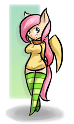 Size: 600x1000 | Tagged: safe, artist:ihara, fluttershy, anthro, ambiguous facial structure, clothes, socks, solo, striped socks, sweater, sweatershy