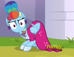 Size: 846x659 | Tagged: safe, derpibooru import, screencap, rainbow dash, pegasus, pony, sparkle's seven, alternate hairstyle, clothes, cropped, discovery family logo, dress, megaradash, rainbow dash always dresses in style, rainbow dash is not amused, solo, this will end in pain, unamused, updo