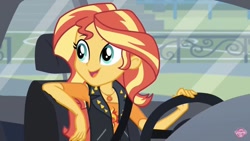 Size: 1200x675 | Tagged: safe, screencap, sunset shimmer, better together, driving miss shimmer, equestria girls, car, female, solo, watermark