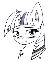 Size: 879x960 | Tagged: safe, artist:dubstepbrony4life, derpibooru import, twilight sparkle, bedroom eyes, blushing, bust, grayscale, monochrome, portrait, simple background, smiling, solo