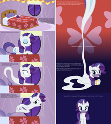 Size: 8256x9216 | Tagged: safe, artist:parclytaxel, part of a series, part of a set, rarity, genie pony, pony, unicorn, .svg available, absurd resolution, ain't never had friends like us, armband, ask, ask generous genie rarity, bed, bedroom, blinds, bottle, carousel boutique, comic, eyes closed, female, genie, geniefied, leg brace, looking at you, looking back, mare, night, open mouth, prone, smiling, solo, stars, tumblr, vector, veil, window