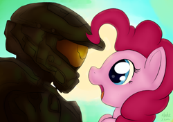 Size: 900x635 | Tagged: safe, artist:pinkiesheen, pinkie pie, earth pony, pony, female, halo (series), mare, master chief, pink coat, pink mane