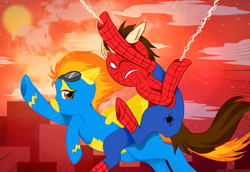 Size: 800x551 | Tagged: safe, artist:xwill-o-wisp, derpibooru import, spitfire, crossover, manehattan, peter parker, ponified, race, spider-man, spiders and magic: rise of spider-mane