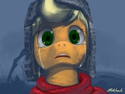 Size: 1024x768 | Tagged: safe, artist:chickhawk96, applejack, earth pony, pony, crying, ptsd, solo, soviet