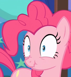 Size: 780x851 | Tagged: safe, screencap, pinkie pie, earth pony, pony, the one where pinkie pie knows, scrunchy face, solo, wide eyes