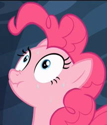 Size: 799x928 | Tagged: safe, screencap, pinkie pie, earth pony, pony, the one where pinkie pie knows, scrunchy face, solo, sweat