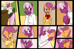 Size: 4500x3000 | Tagged: dead source, safe, artist:kloudmutt, cheerilee, scootaloo, anthro, apple, bandaid, bedroom eyes, blushing, cheeriloo, comic, eyes closed, female, floppy ears, heart, kissing, lesbian, raised eyebrow, shipping, shy, sitting, smiling, teacher and student