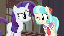 Size: 1280x720 | Tagged: safe, screencap, coco pommel, rarity, pony, unicorn, made in manehattan, one eye closed, wink