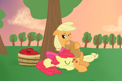 Size: 3000x2000 | Tagged: safe, artist:melodytheunicorn, apple bloom, applejack, earth pony, pony, apple, sleeping, tree