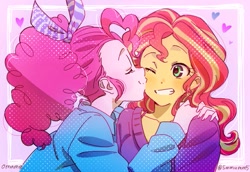 Size: 795x548 | Tagged: safe, artist:5mmumm5, pinkie pie, sunset shimmer, equestria girls, female, kiss on the cheek, kissing, lesbian, shipping, sunsetpie