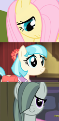 Size: 1072x2200 | Tagged: safe, edit, edited screencap, screencap, coco pommel, fluttershy, marble pie, earth pony, pegasus, pony, friendship is magic, hearthbreakers, cocobetes, comparison, cute, female, hair over one eye, marblebetes, mare, moe, shy, shyabetes, smiling, the council of shy ponies
