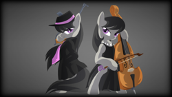 Size: 1920x1080 | Tagged: safe, artist:zedrin, octavia melody, earth pony, pony, bipedal, cello, clothes, dress, gun, jewelry, musical instrument, necklace, necktie, pearl necklace, tommy gun