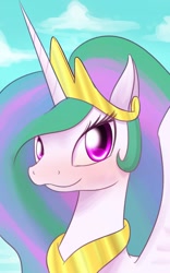 Size: 600x960 | Tagged: safe, artist:phoenixperegrine, princess celestia, alicorn, pony, blushing, bust, crown, jewelry, looking at you, peytral, portrait, regalia, solo