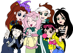 Size: 3508x2546 | Tagged: safe, artist:edcom02, artist:jmkplover, angel bunny, fluttershy, human, equestria girls, armor (x-men), clothes, crossover, group, hisako ichiki, jubilee, kitty pryde, laura kinney, lockheed, marvel, off shoulder, rogue (x-men), shadowcat, simple background, sweater, sweatershy, transparent background, x-23, x-men