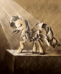 Size: 1100x1333 | Tagged: safe, artist:zetamad, rarity, pony, unicorn, clothes, dress, ear piercing, eyes closed, monochrome, piercing, sepia, solo