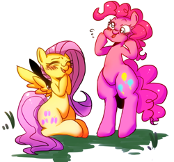 Size: 1024x953 | Tagged: safe, artist:noumiso, fluttershy, pinkie pie, earth pony, pegasus, pony, bipedal, blushing, cute, duo, faic, funny face, tongue out