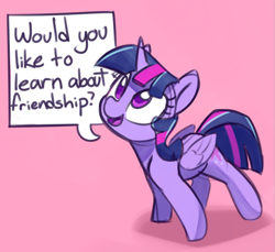 Size: 758x694 | Tagged: safe, artist:lilfunkman, twilight sparkle, twilight sparkle (alicorn), alicorn, pony, bronybait, colored pupils, cute, dialogue, looking up, open mouth, pink background, preacher, shadow, simple background, smiling, solo, speech bubble