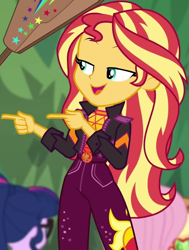 Size: 689x910 | Tagged: safe, screencap, applejack, fluttershy, sci-twi, sunset shimmer, twilight sparkle, better together, equestria girls, sunset's backstage pass!, belt, clothes, cropped, cute, female, geode of empathy, jacket, lidded eyes, magical geodes, not today, paddle, pants, rainbow dash's paddle, shimmerbetes, sleeveless, sleeveless shirt, smiling