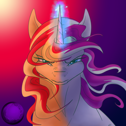 Size: 1280x1280 | Tagged: safe, artist:will-owl-the-wisp, sunset shimmer, pony, unicorn, abstract background, glowing horn, horn, serious, serious face, signature, solo, windswept mane