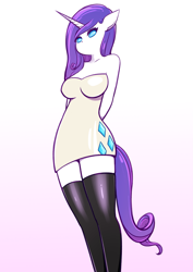 Size: 1929x2724 | Tagged: safe, artist:sigpi, rarity, anthro, unicorn, clothes, dress, female, looking at you, mare, shoulderless, solo, stockings, thigh highs