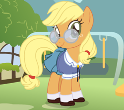 Size: 360x318 | Tagged: safe, applejack, earth pony, pony, bad edit, clothes, glasses, schoolgirl, shoes, solo, uniform