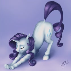 Size: 1020x1020 | Tagged: safe, artist:bluespaceling, rarity, pony, unicorn, behaving like a cat, cute, dock, eyes closed, face down ass up, female, frog (hoof), iwtcird, mare, purple background, raribetes, simple background, solo, stretching, underhoof